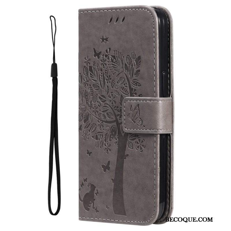 Etui Folio do Honor Magic 5 Lite z Łańcuch Drzewo I Pasiasty Kot