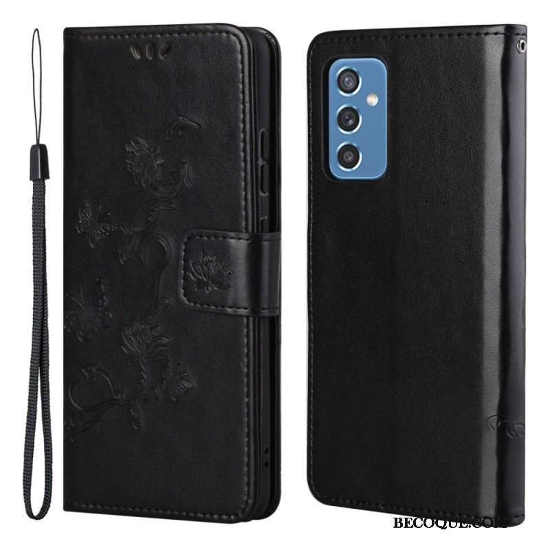 Etui Folio do Samsung Galaxy M52 5G z Łańcuch Pasek W Motyle I Kwiaty