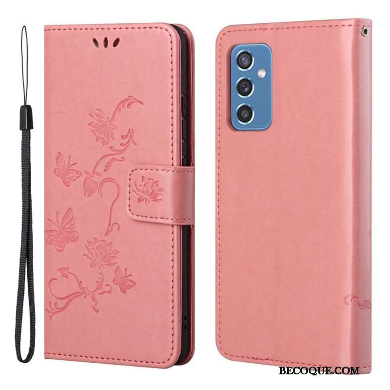 Etui Folio do Samsung Galaxy M52 5G z Łańcuch Pasek W Motyle I Kwiaty