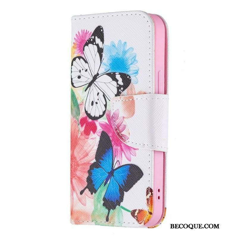 Etui Folio do iPhone 13 Mini Malowane Motyle I Kwiaty