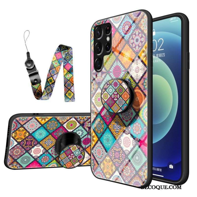 Etui do Samsung Galaxy S22 Ultra 5G Patchworkowy Uchwyt Magnetyczny