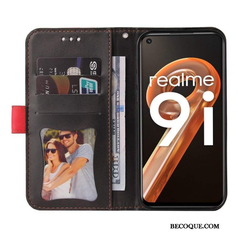 Skórzany Futerał do Realme 9i z Łańcuch Dwukolorowy Pasek