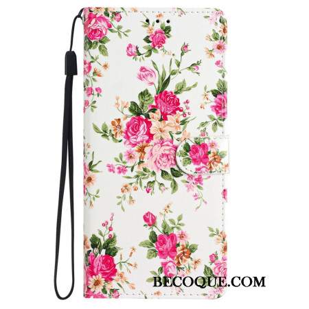 Etui Folio Do iPhone 16 CZerwone Kwiaty Z Paskiem