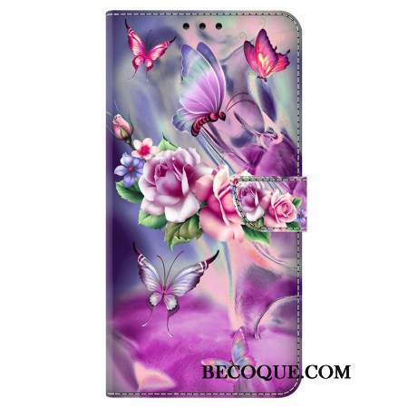 Etui Folio Oppo A98 5g Motyle I Fioletowe Kwiaty Etui Ochronne